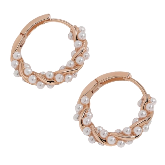 Rose Gold Pearl Twist Vines Hoops Pretty Wedding Little Hoop Earrings Pearls New - Picture 6 of 9